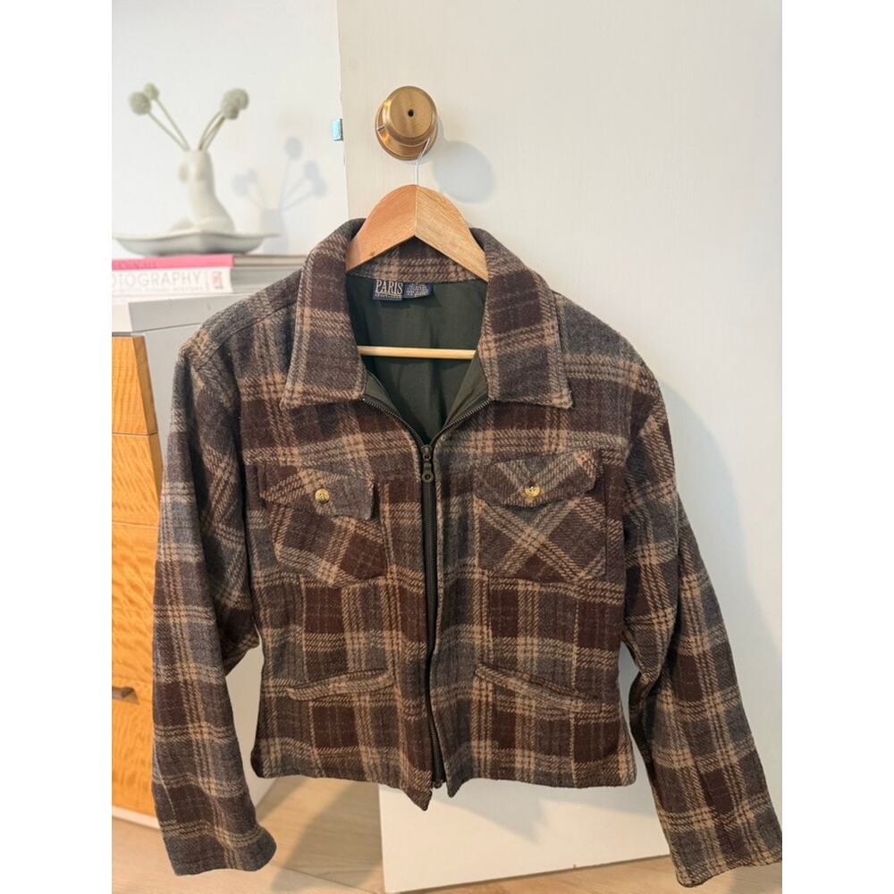 Vintage Wool Plaid Jacket Brown Cropped Utility Coat Cabin Core Grunge ✨ - Picture 2 of 7